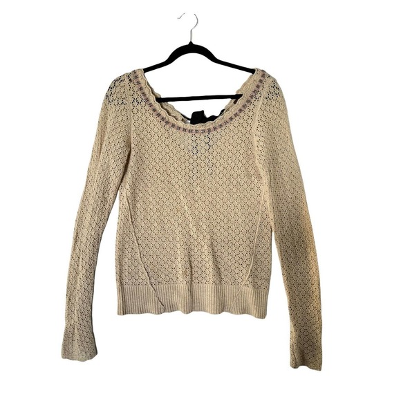 FREE PEOPLE Womens Sweater Cream Open-Knit Pullover Tie Back Sequins Size S - Picture 1 of 5